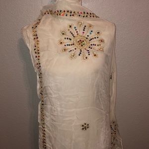 White sheer rainbow sequin & gold thread accent